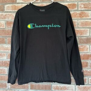 Champion Spellout Logo Longsleeve T Shirt Medium Men’s Black Teal Cotton